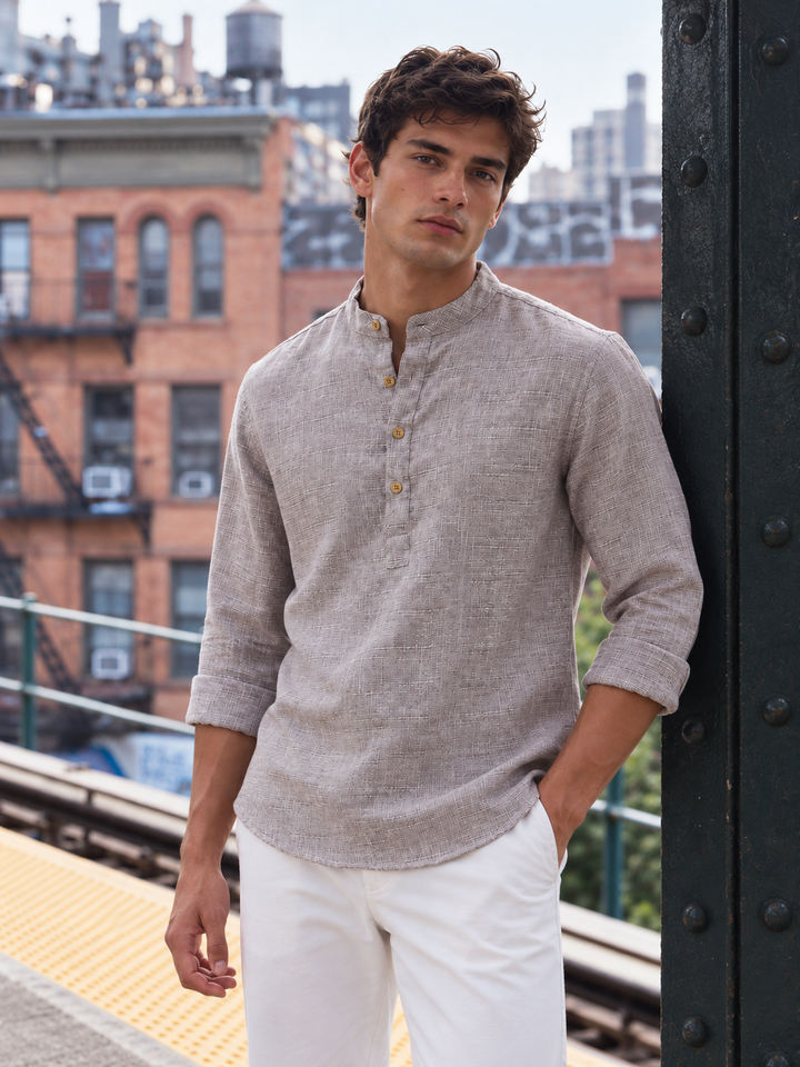 Linen : Brownish Grey Mandarin Collar Shirt