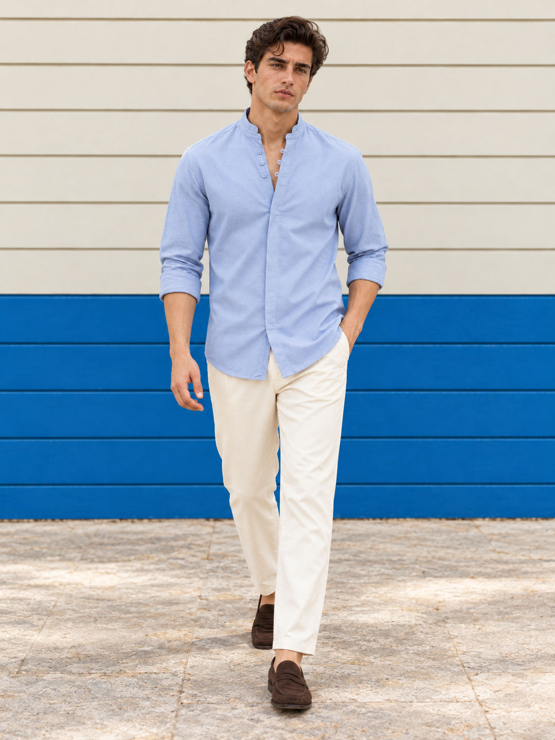 Light Blue : Double Placket Linen Kurta