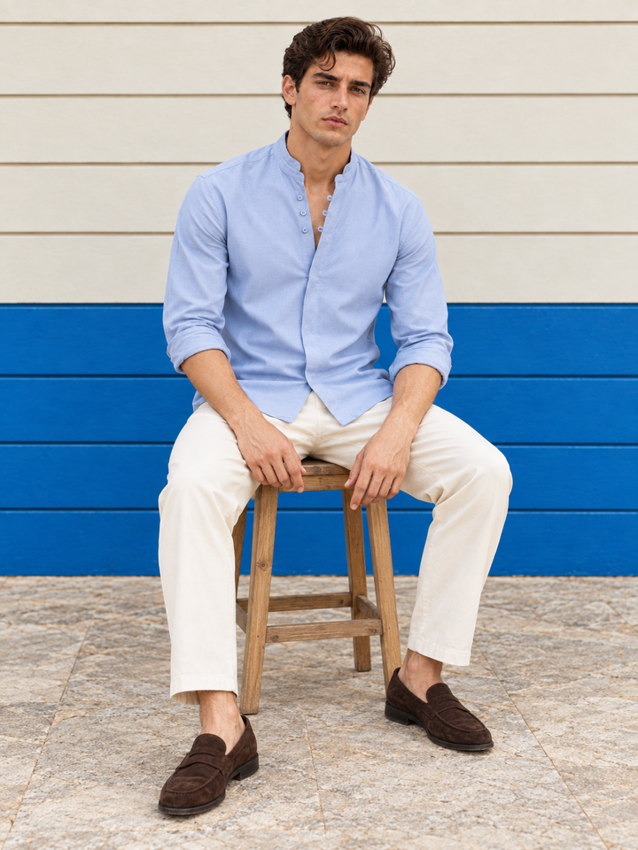 Light Blue : Double Placket Linen Kurta