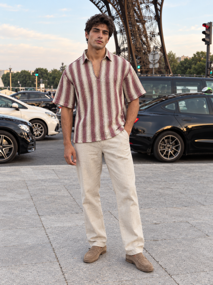 Short Sleeve: Red Stripes Crochet Shirt