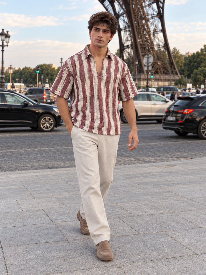 Short Sleeve: Red Stripes Crochet Shirt