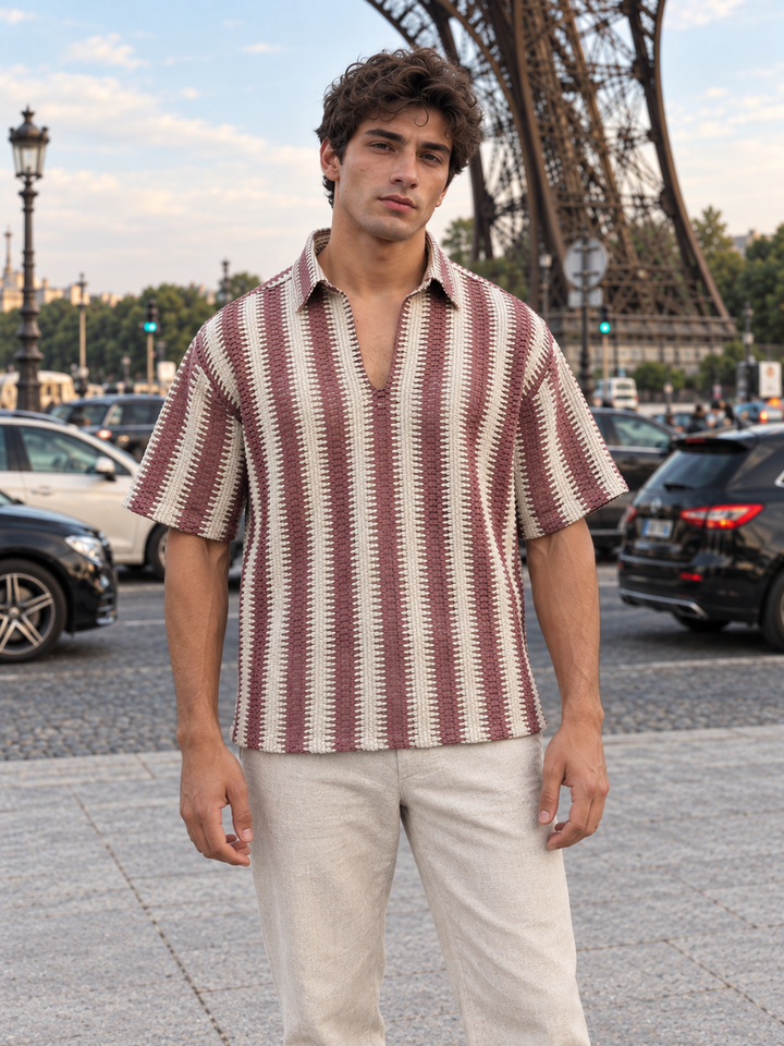 Short Sleeve: Red Stripes Crochet Shirt