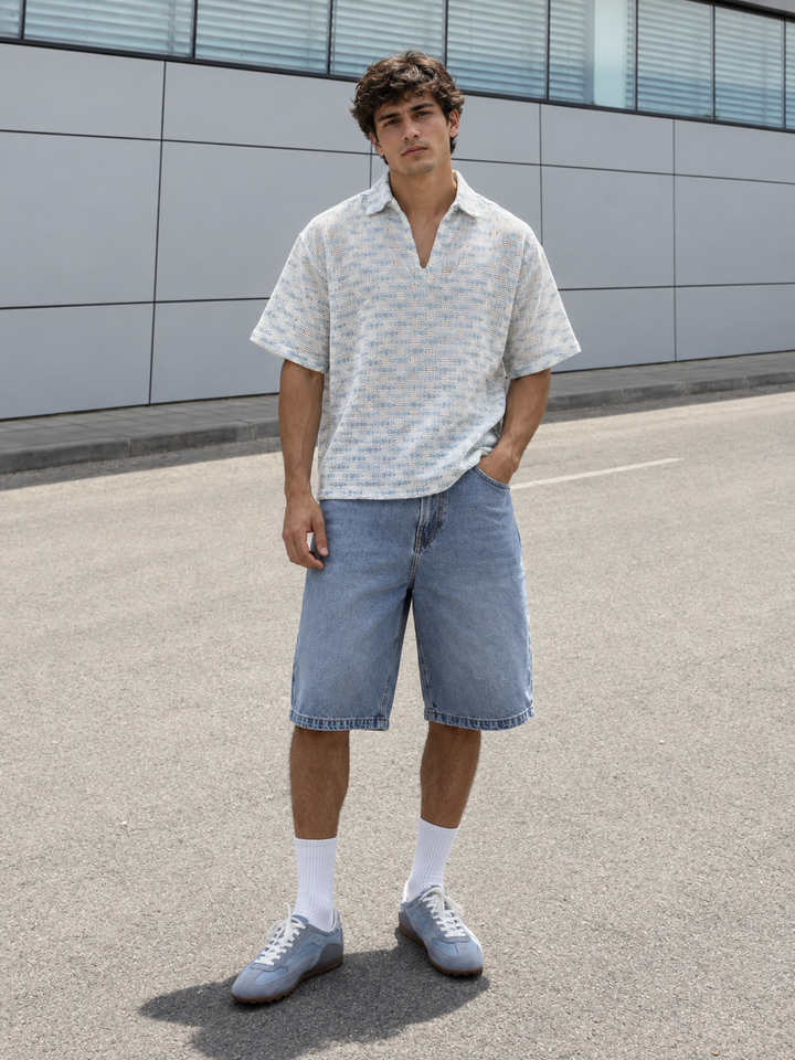 Short Sleeve : Light Blue Weave Crochet Shirt