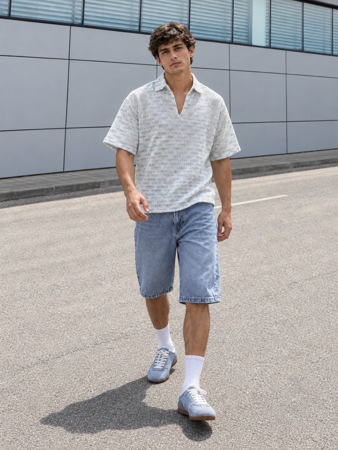 Short Sleeve : Light Blue Weave Crochet Shirt