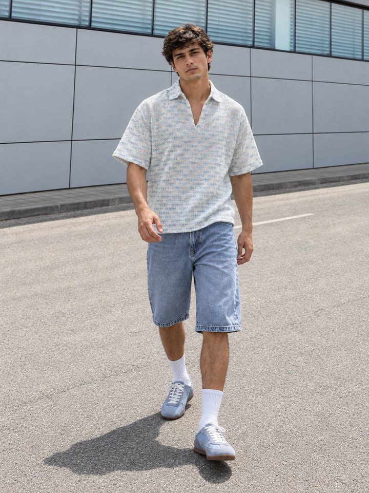 Short Sleeve : Light Blue Weave Crochet Shirt