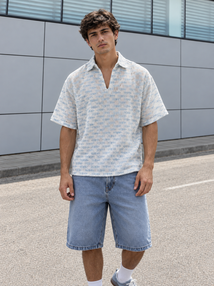 Short Sleeve : Light Blue Weave Crochet Shirt