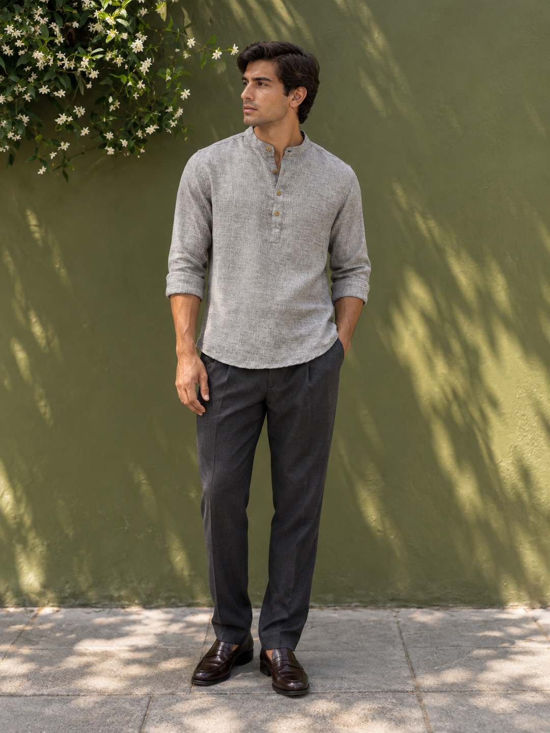 Linen : Light Grey Mandarin Collar Shirt