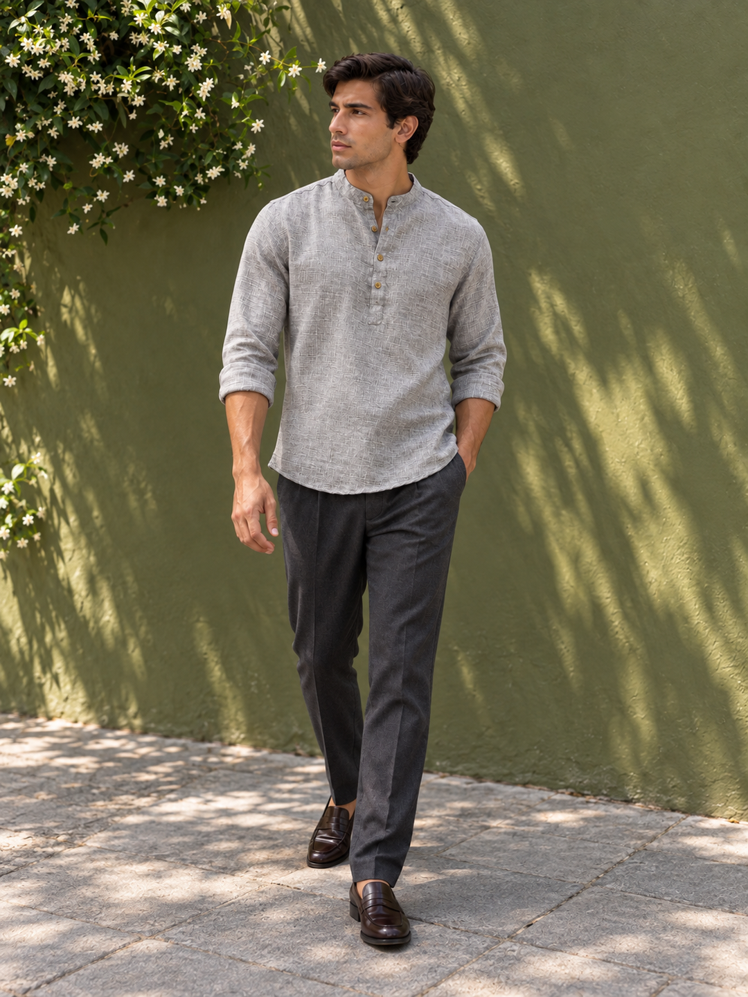 Linen : Light Grey Mandarin Collar Shirt