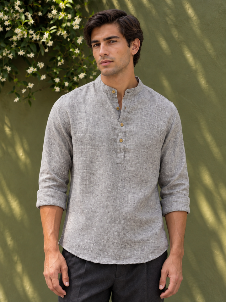 Linen : Light Grey Mandarin Collar Shirt