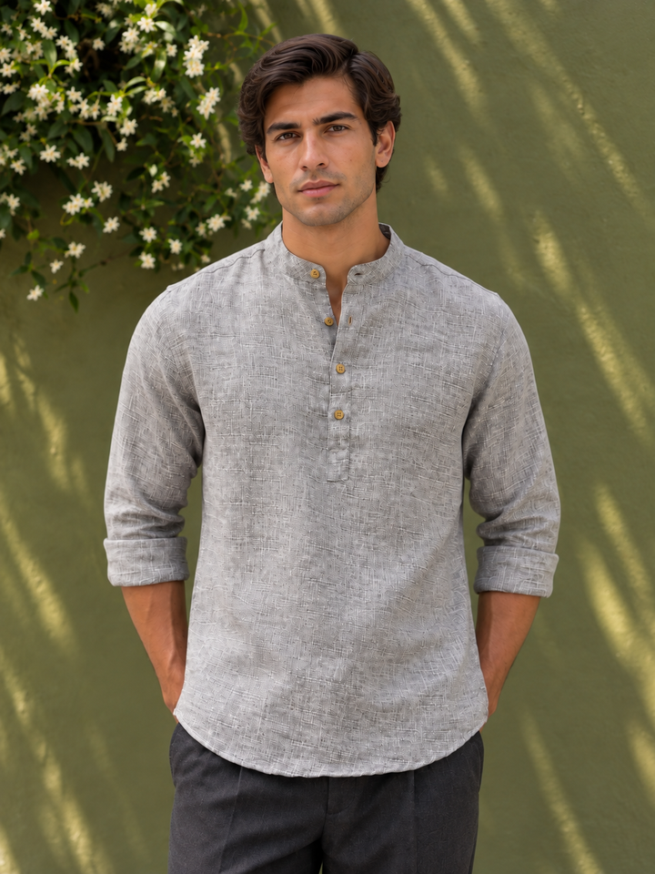 Linen : Light Grey Mandarin Collar Shirt
