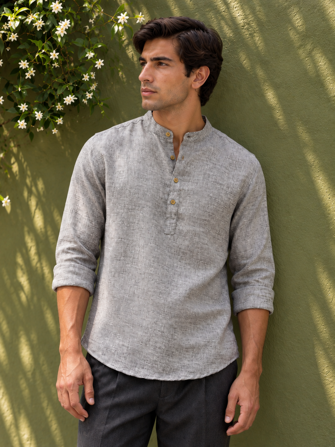 Linen : Light Grey Mandarin Collar Shirt