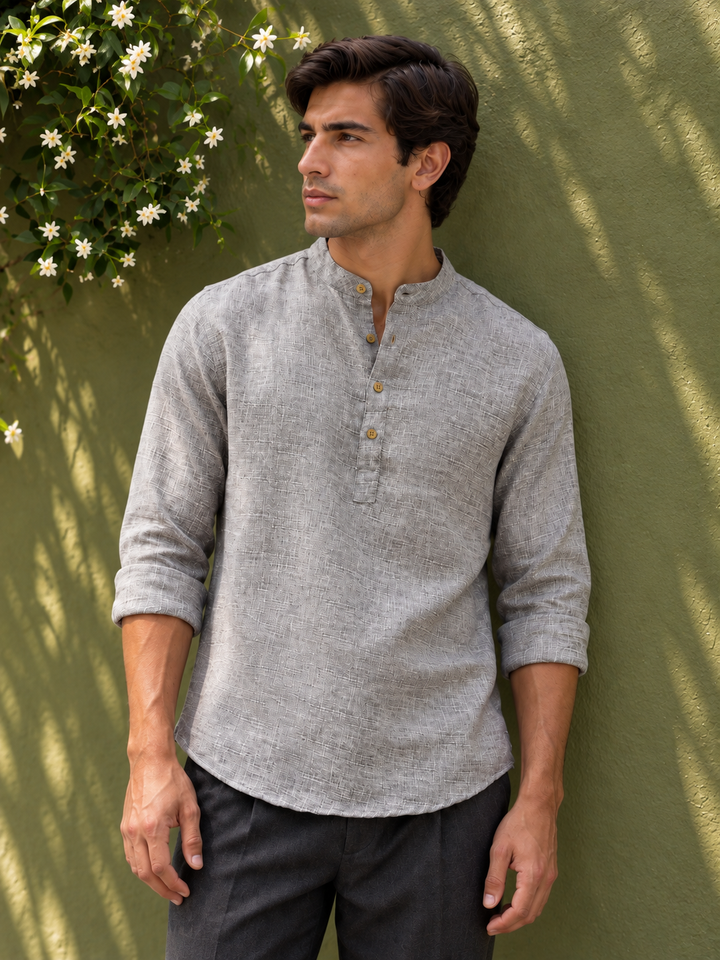 Linen : Light Grey Mandarin Collar Shirt
