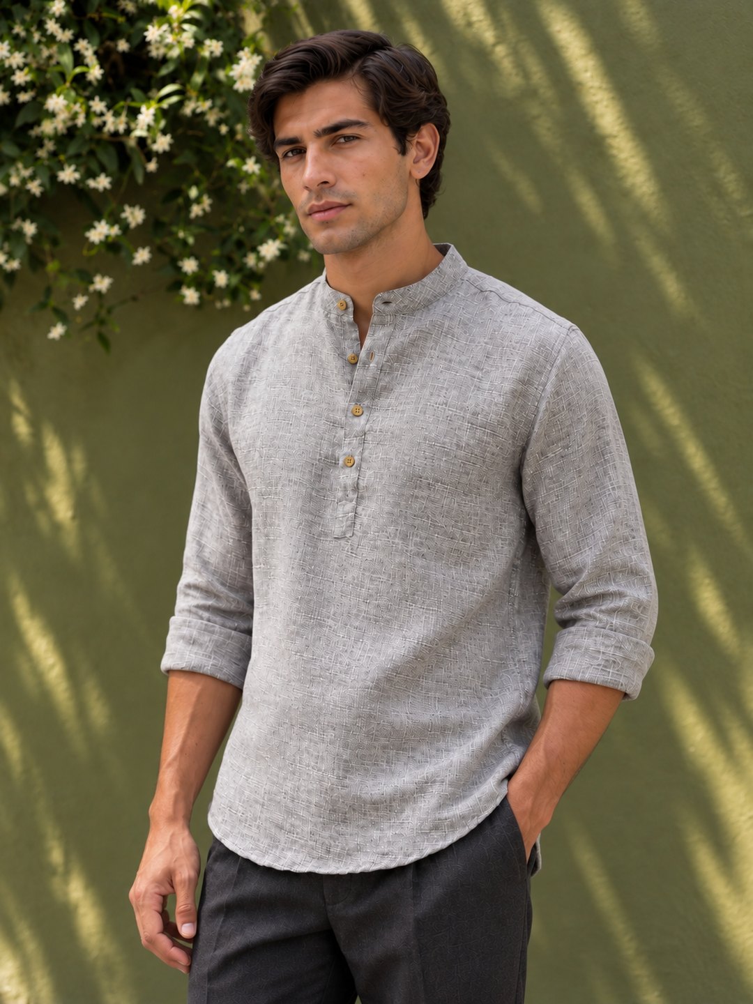 Linen : Light Grey Mandarin Collar Shirt
