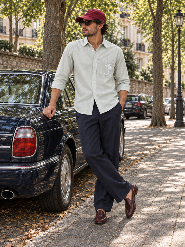 Pocket Embroidery : Coconut Tree Light Green Linen Shirt