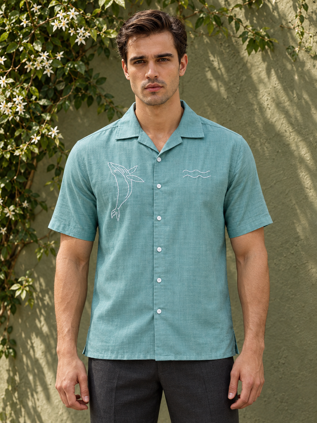 Whale Embroidery : Sea Green Oversized Shirt