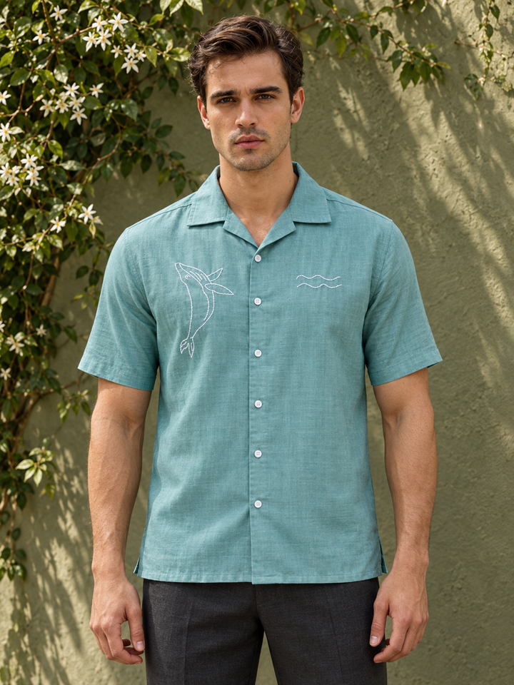 Whale Embroidery : Sea Green Oversized Shirt