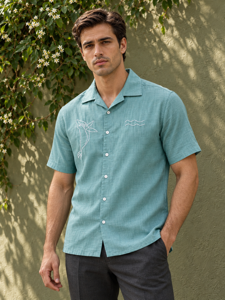 Whale Embroidery : Sea Green Oversized Shirt