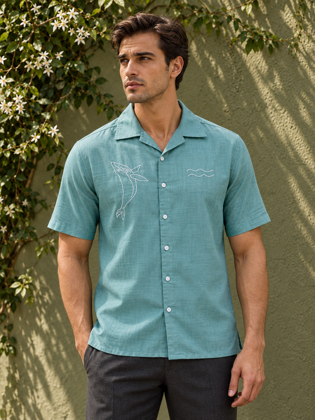 Whale Embroidery : Sea Green Oversized Shirt