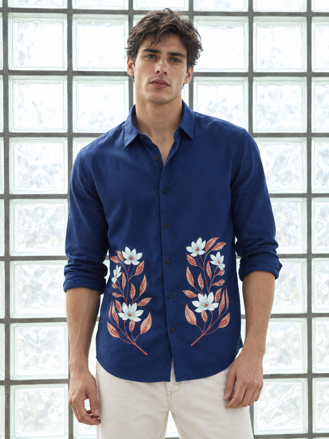 Botanical Print Blue Shirt