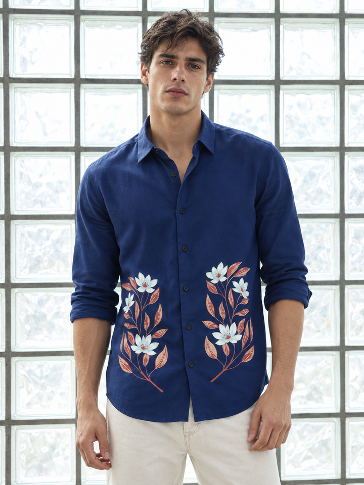 Botanical Print Blue Shirt