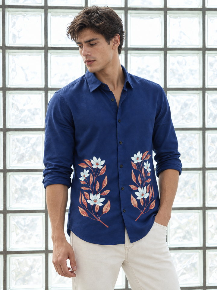 Botanical Print Blue Shirt