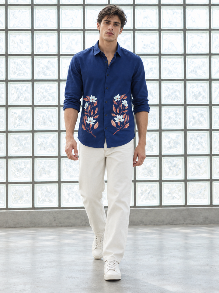 Botanical Print Blue Shirt