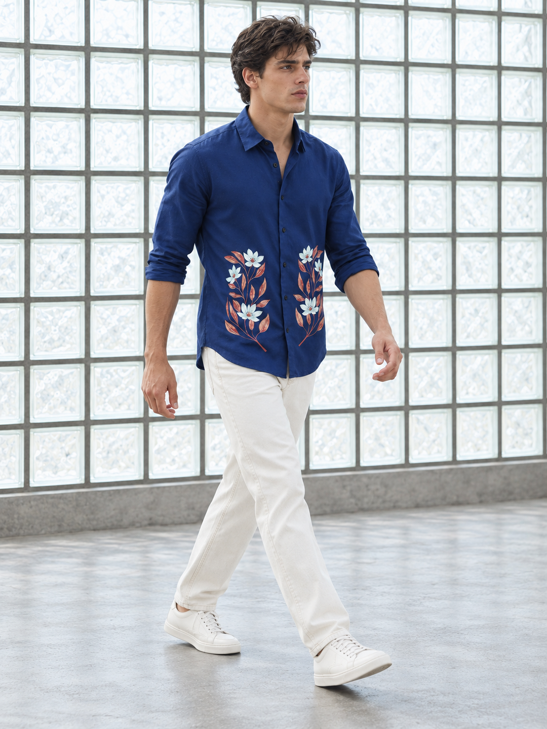 Botanical Print Blue Shirt