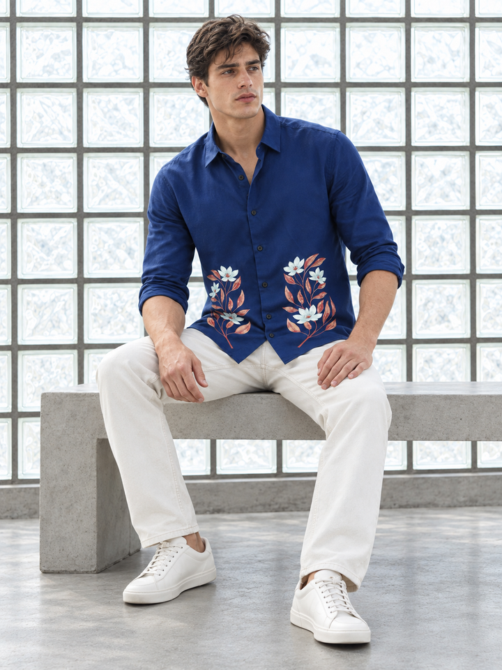 Botanical Print Blue Shirt
