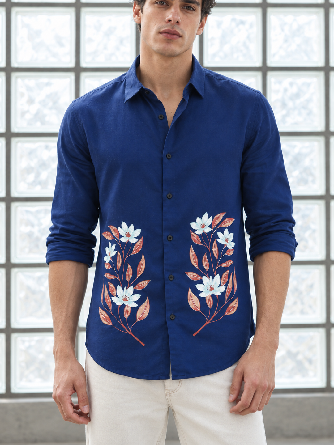 Botanical Print Blue Shirt