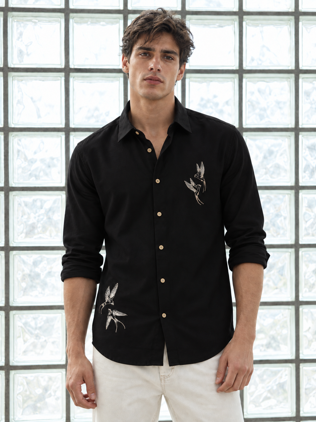 Dot Embroidery: Bird Black Linen Shirt
