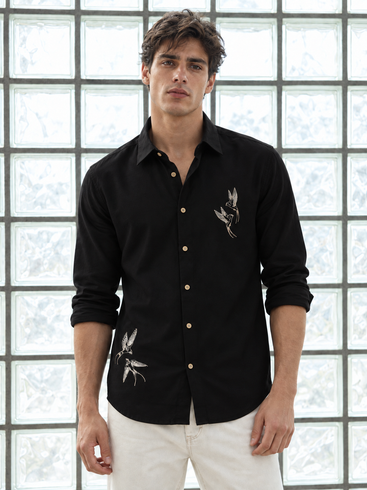 Dot Embroidery: Bird Black Linen Shirt