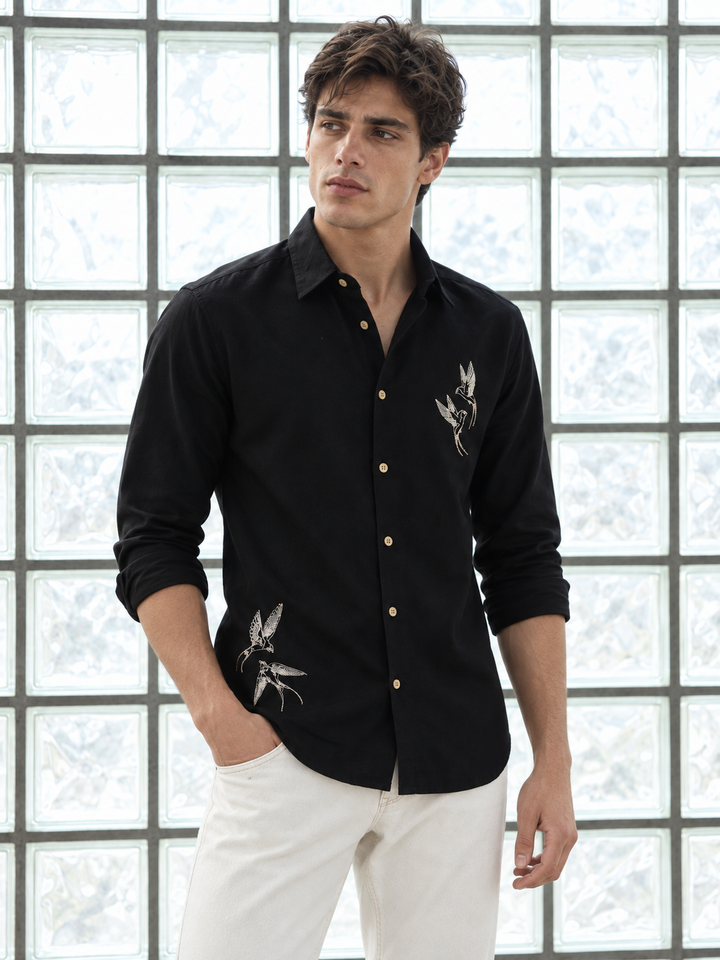 Dot Embroidery: Bird Black Linen Shirt