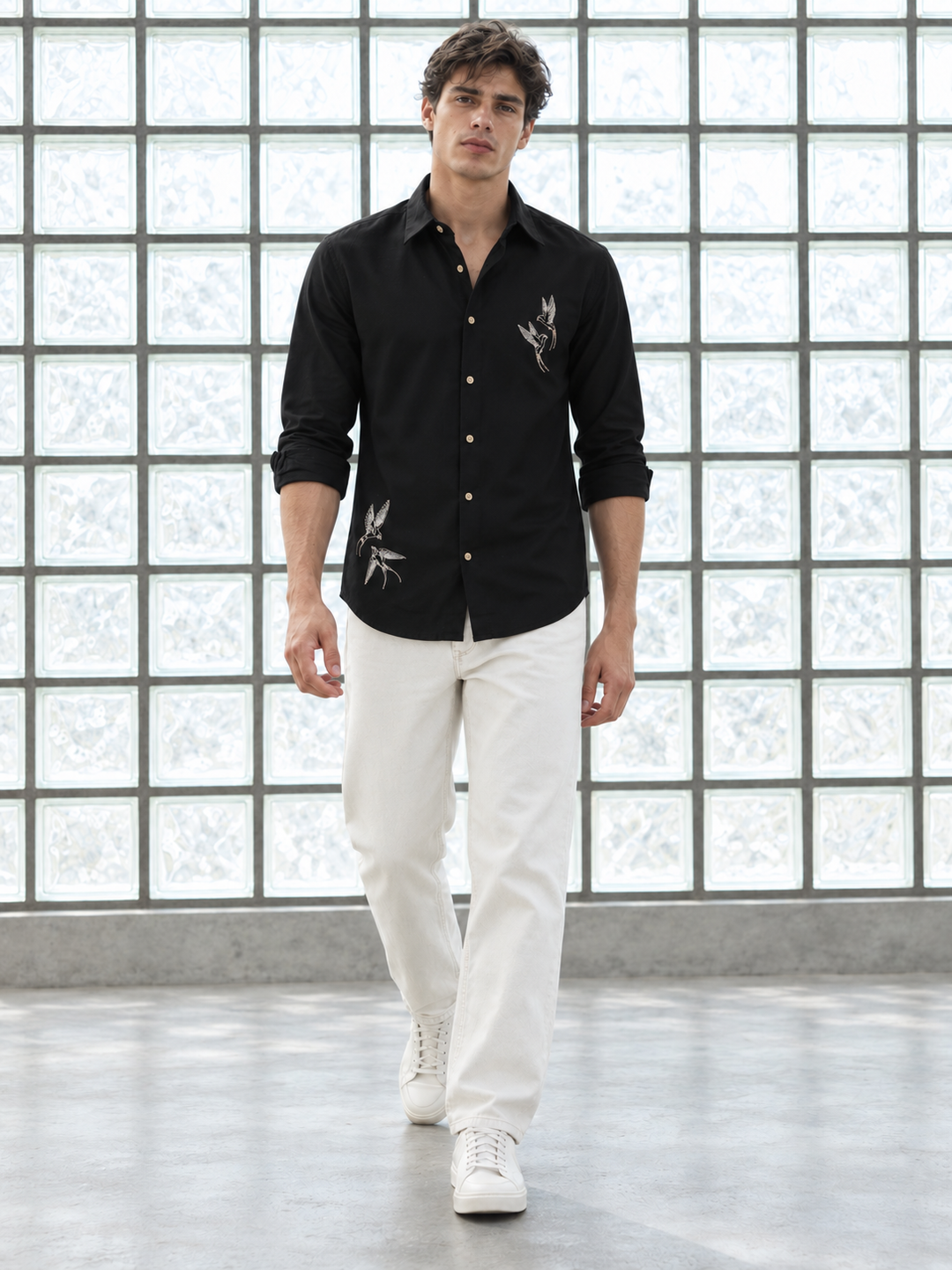 Dot Embroidery: Bird Black Linen Shirt