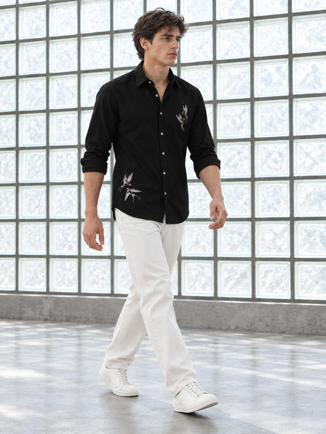 Dot Embroidery: Bird Black Linen Shirt