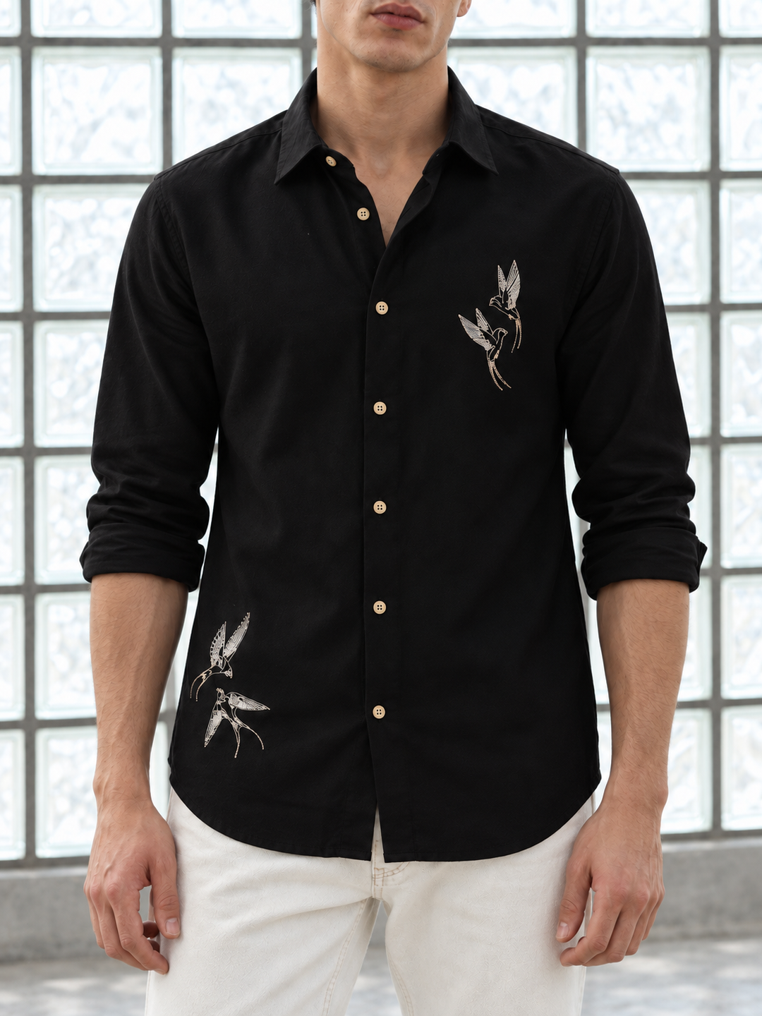 Dot Embroidery: Bird Black Linen Shirt