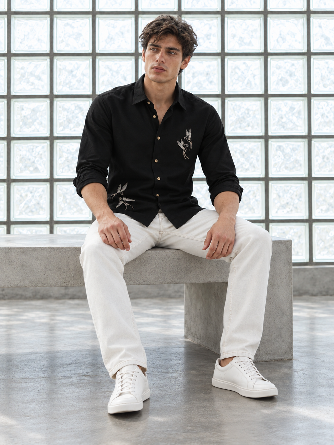 Dot Embroidery: Bird Black Linen Shirt