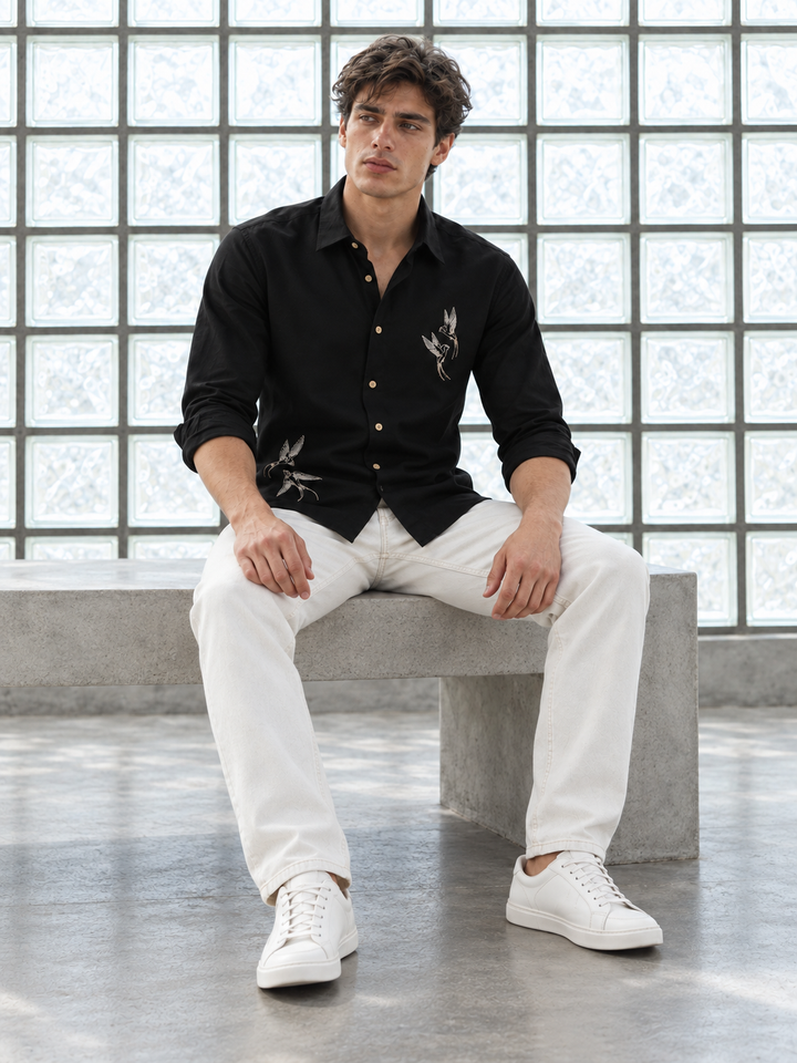 Dot Embroidery: Bird Black Linen Shirt