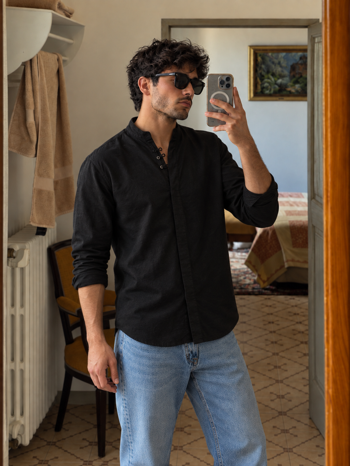 Black : Double Placket Linen Kurta