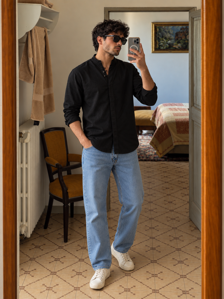 Black : Double Placket Linen Kurta
