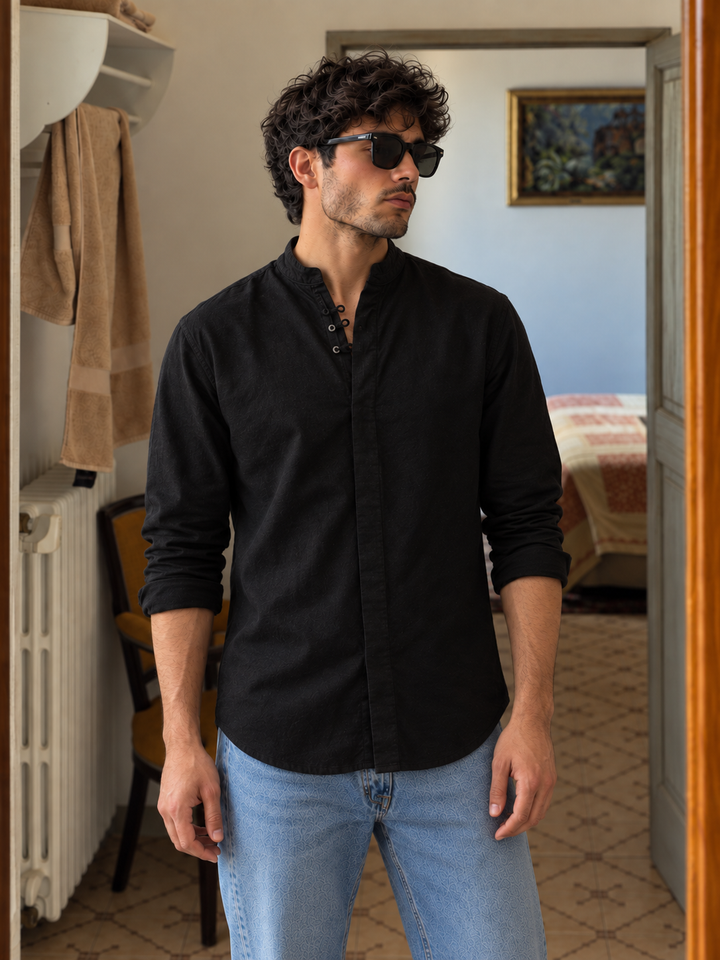Black : Double Placket Linen Kurta