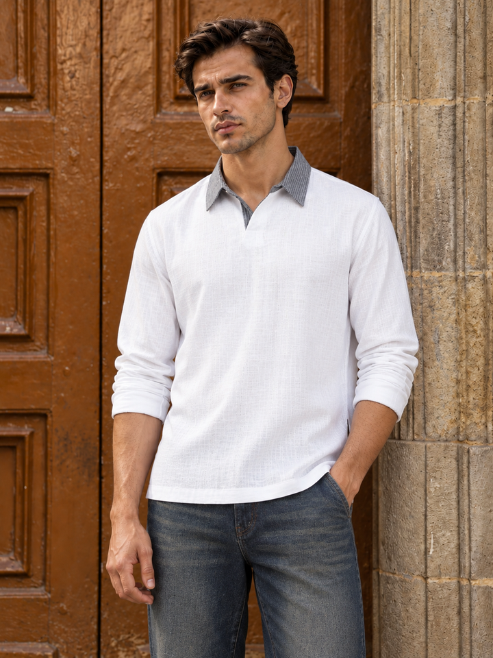 Contrast Collar : White Linen Kurta