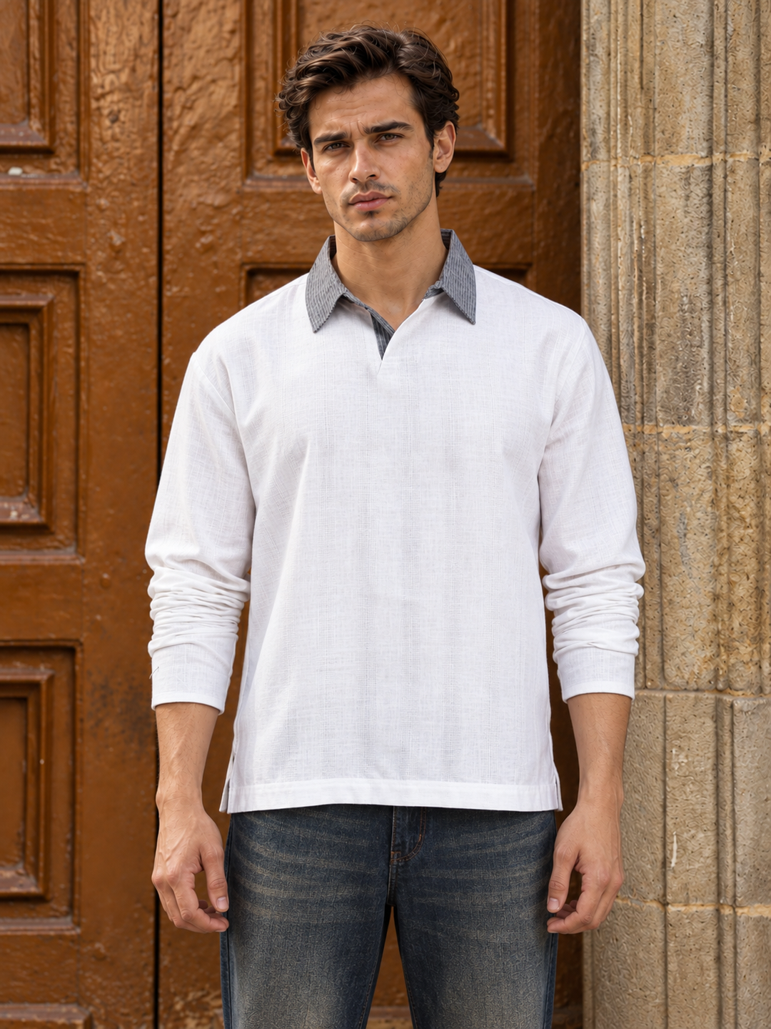 Contrast Collar : White Linen Kurta