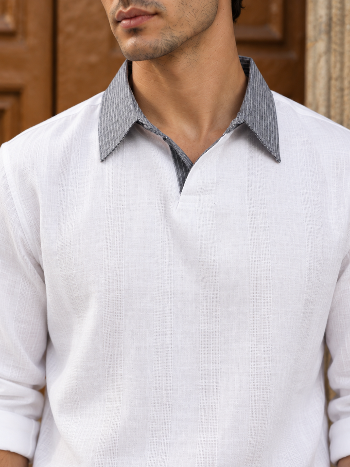Contrast Collar : White Linen Kurta
