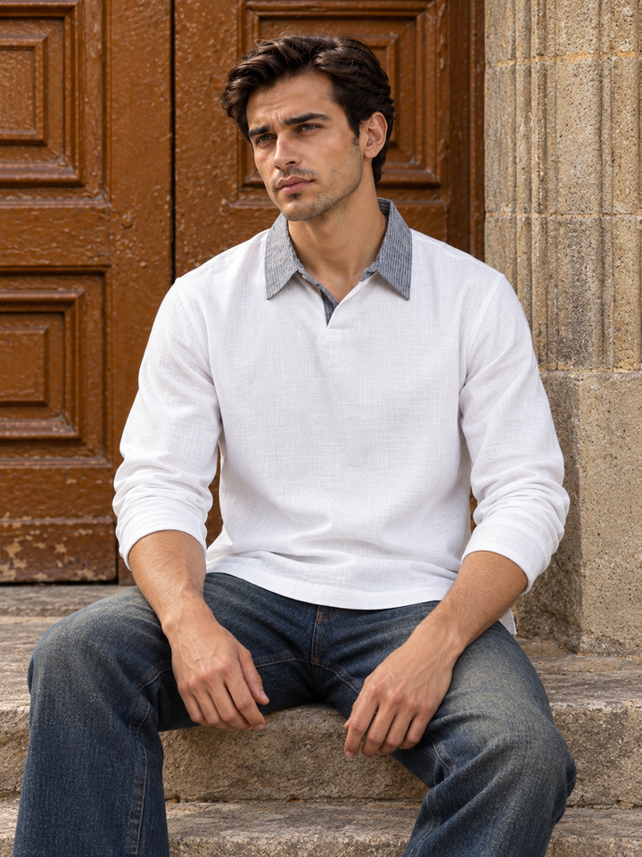 Contrast Collar : White Linen Kurta