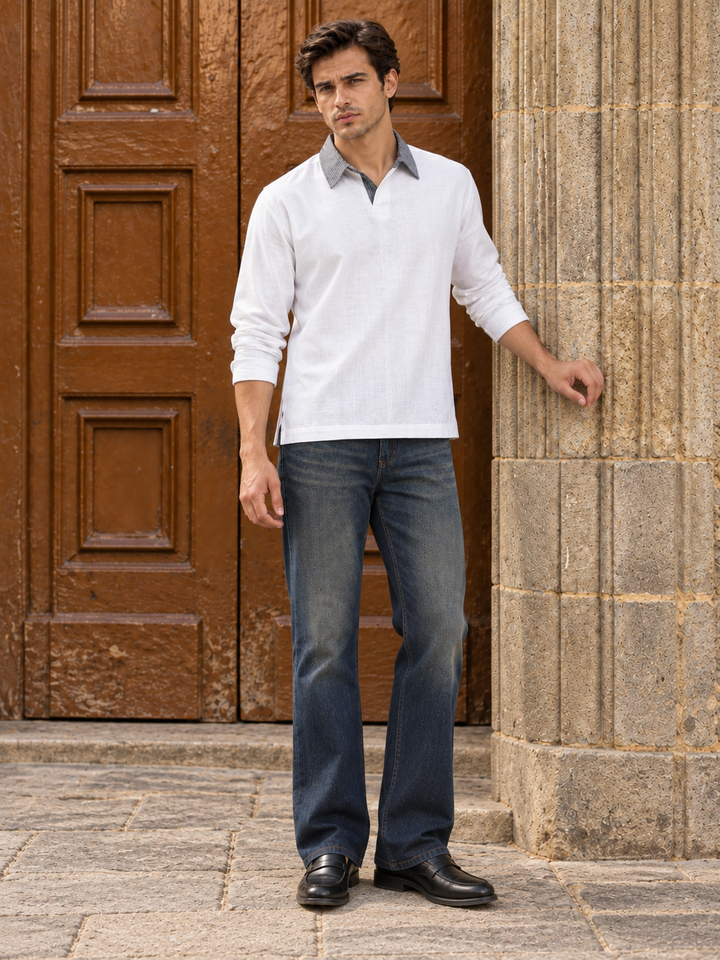 Contrast Collar : White Linen Kurta