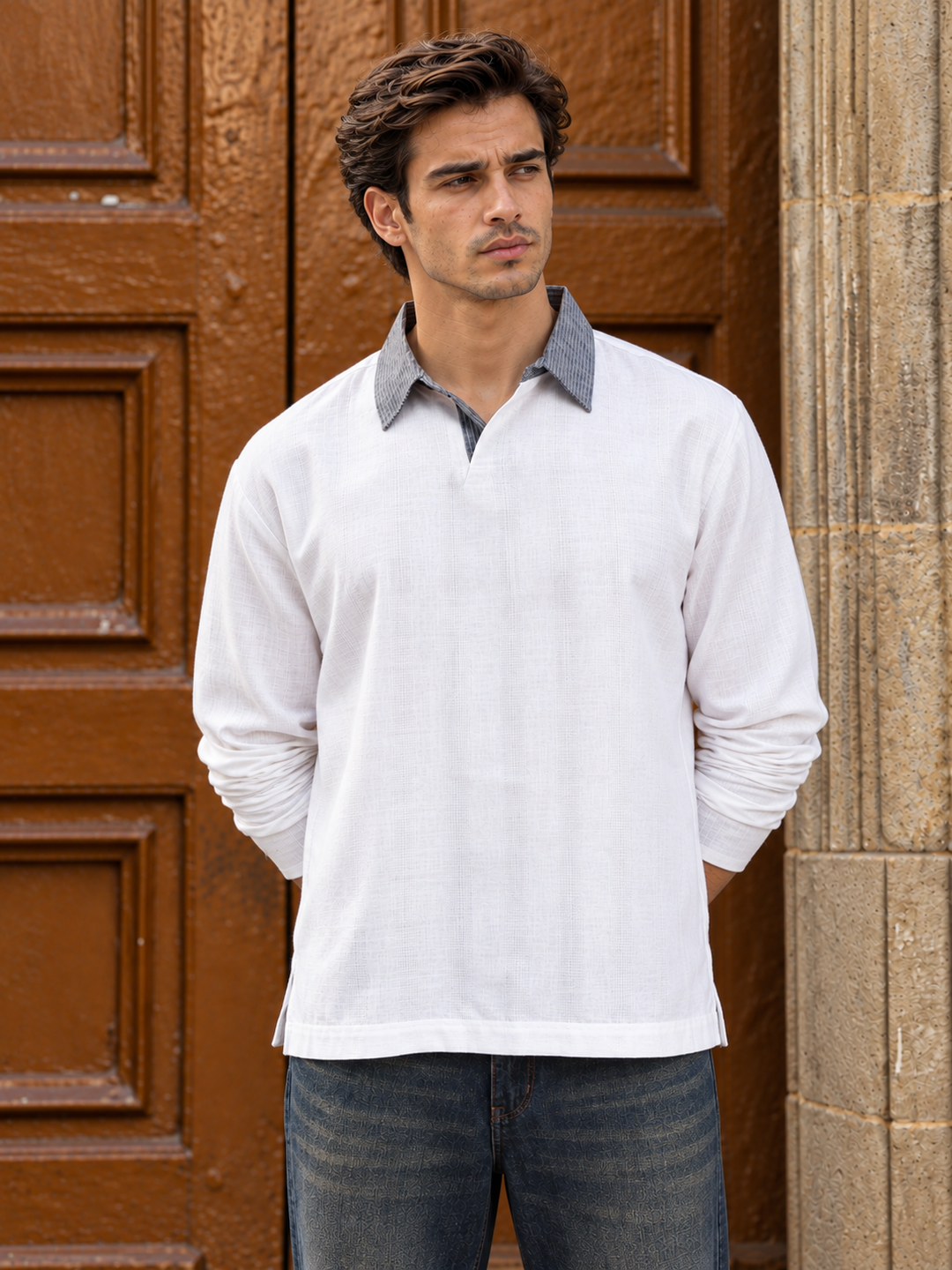 Contrast Collar : White Linen Kurta