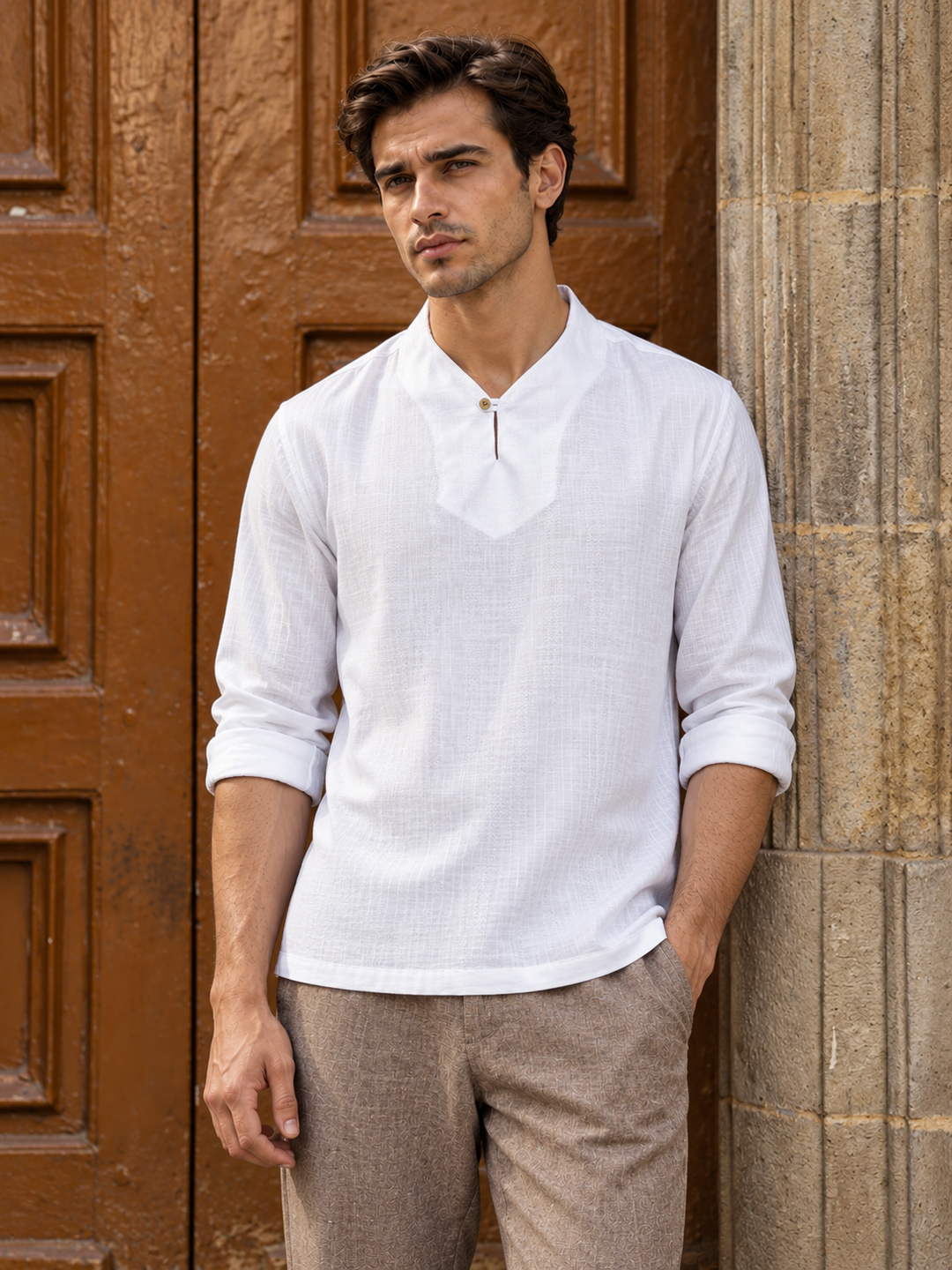 Plain Collar: White Linen Kurta