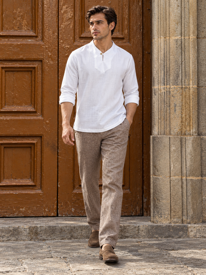 Plain Collar: White Linen Kurta