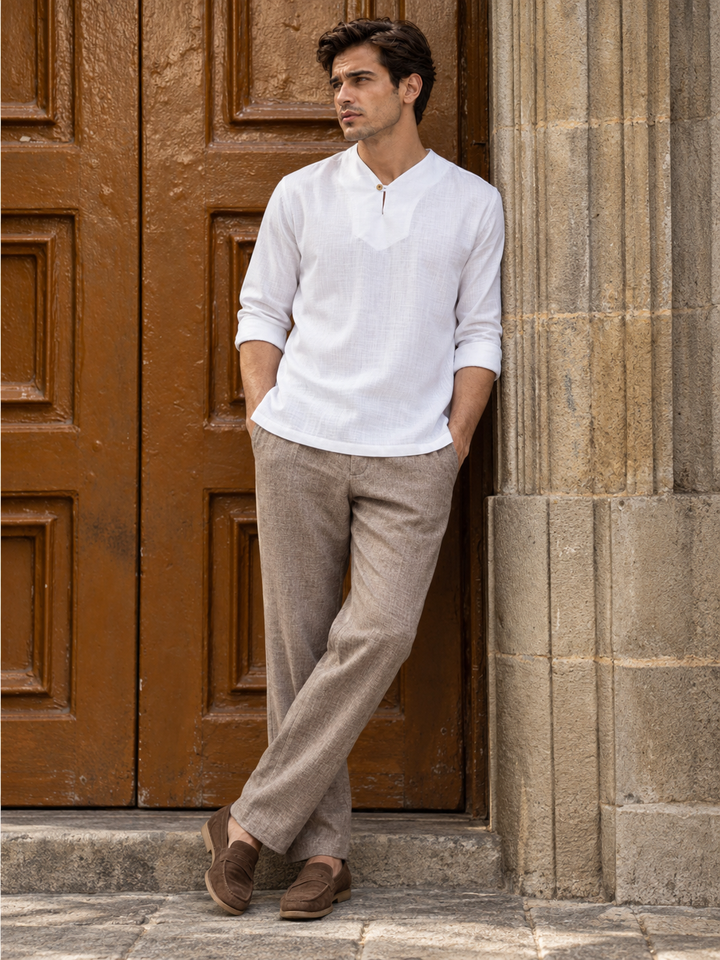 Plain Collar: White Linen Kurta