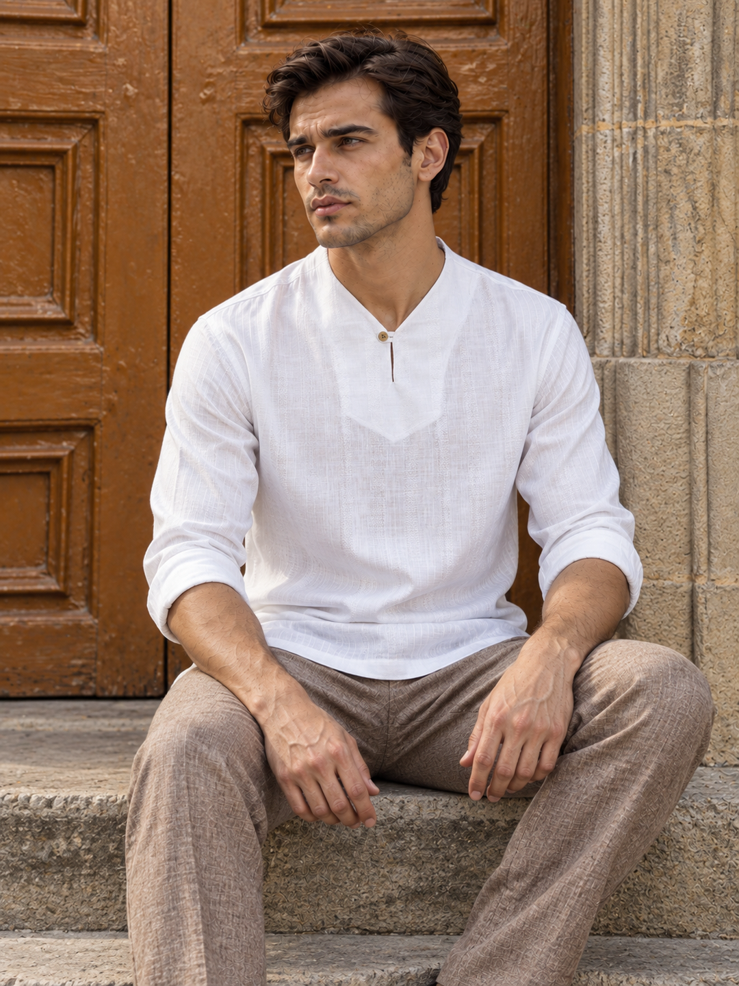 Plain Collar: White Linen Kurta